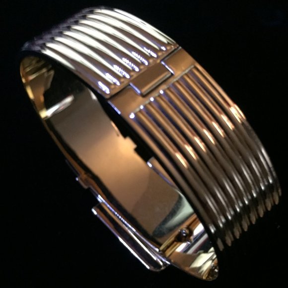 Michael Kors Textured Gold Tone Buckle Hinged Bangle Bracelet - Picture 4 of 6